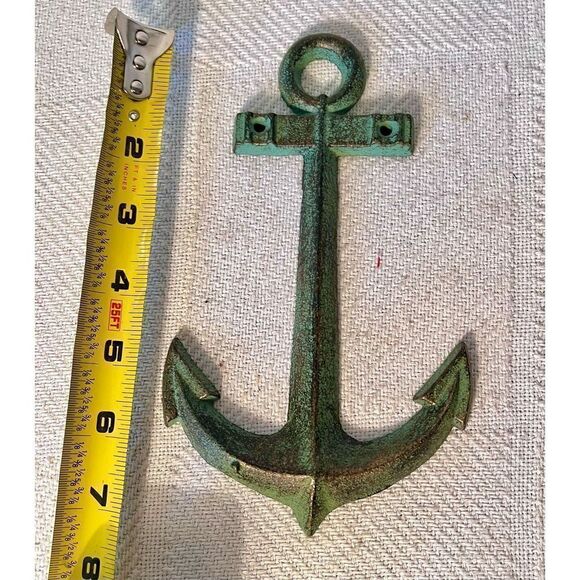 Nautical Anchor Green & Gold Cast Iron Anchor Wall Hanging Decor Beach House - Picture 3 of 4
